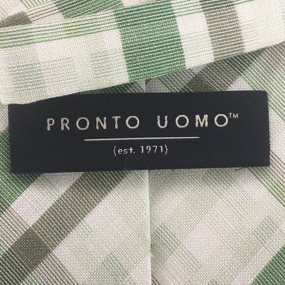 PRONTO UOMO GREEN CREAM PLAID SILK LINEN BLEND NECKTIE ( XL) - Picture 5 of 12